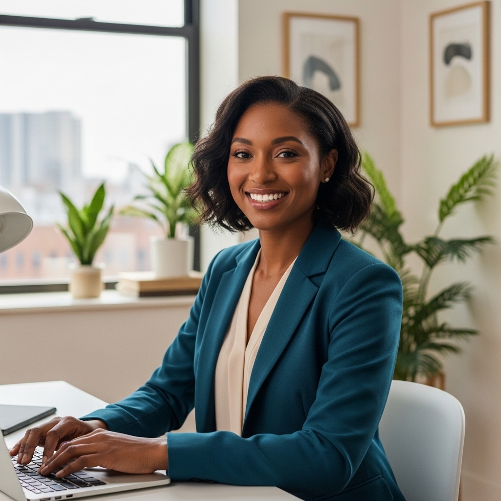 A pretty black woman smiling and sitting in an office #1