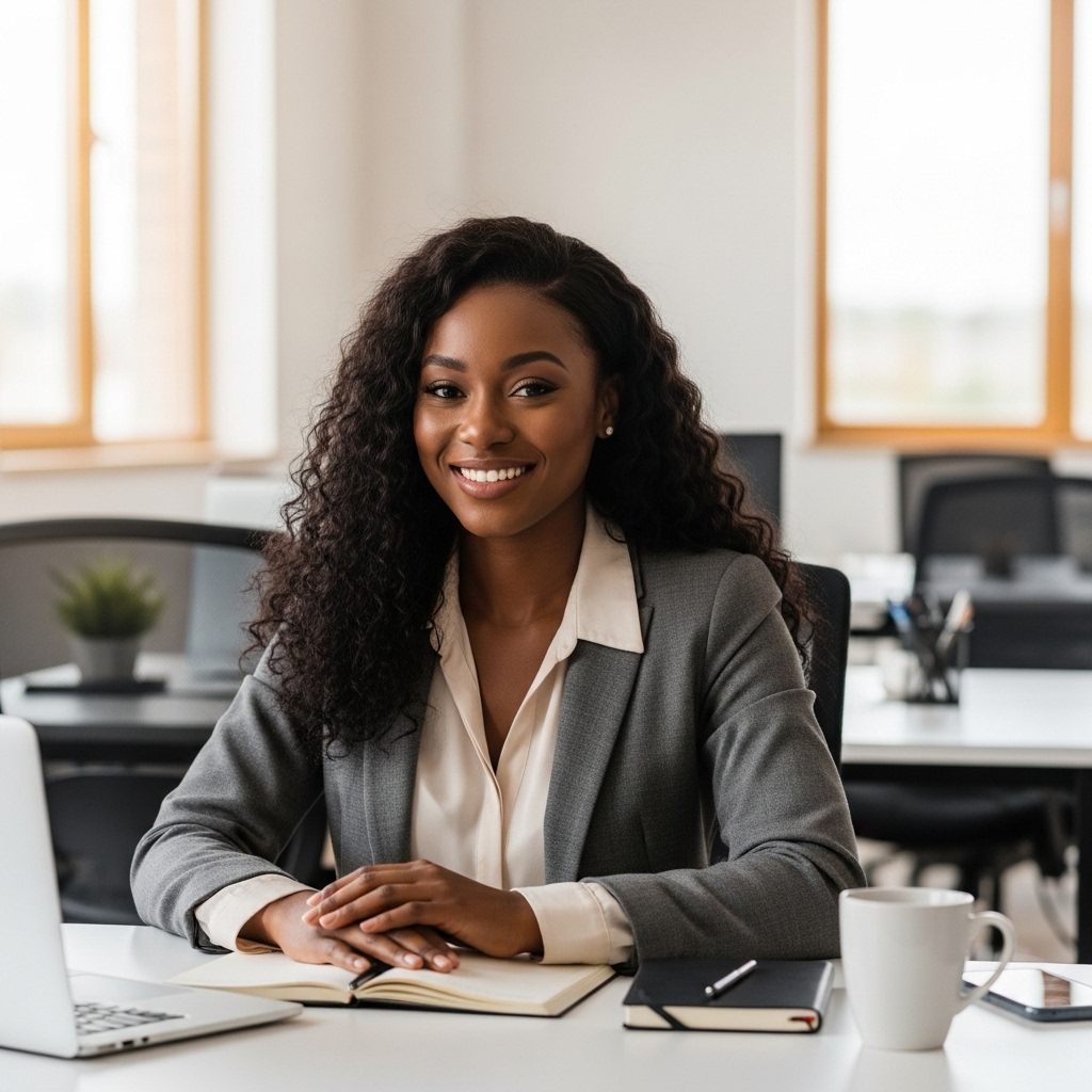 A pretty black woman smiling and sitting in an office #3