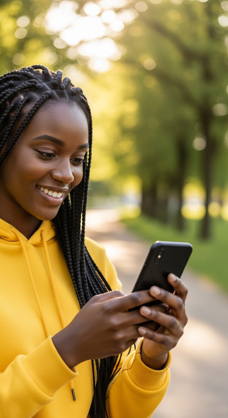 A black woman in yellow is using her phone and smiling #1
