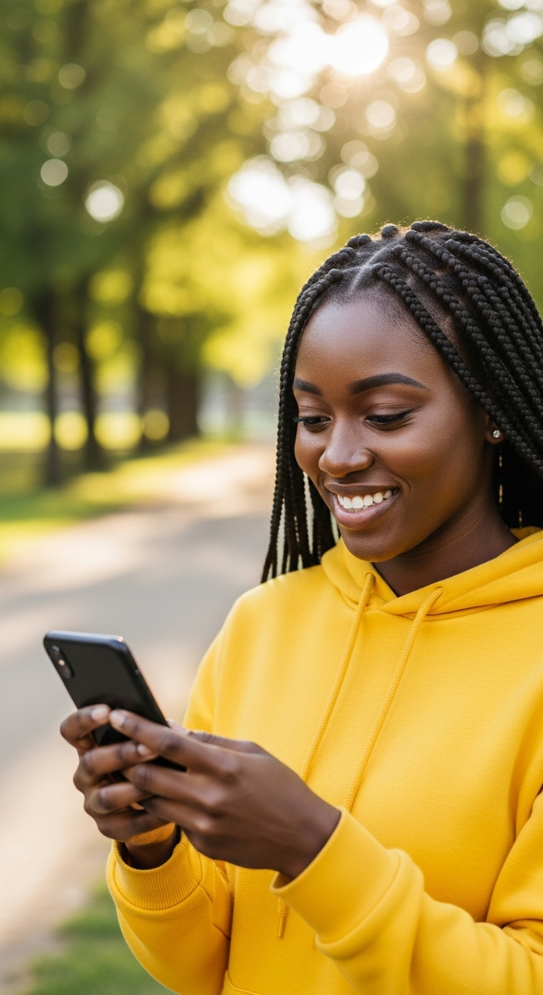 A black woman in yellow is using her phone and smiling #3