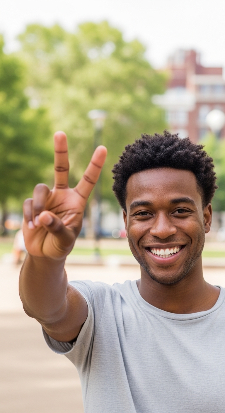 A young black man showing 2 fingers and smiling #4