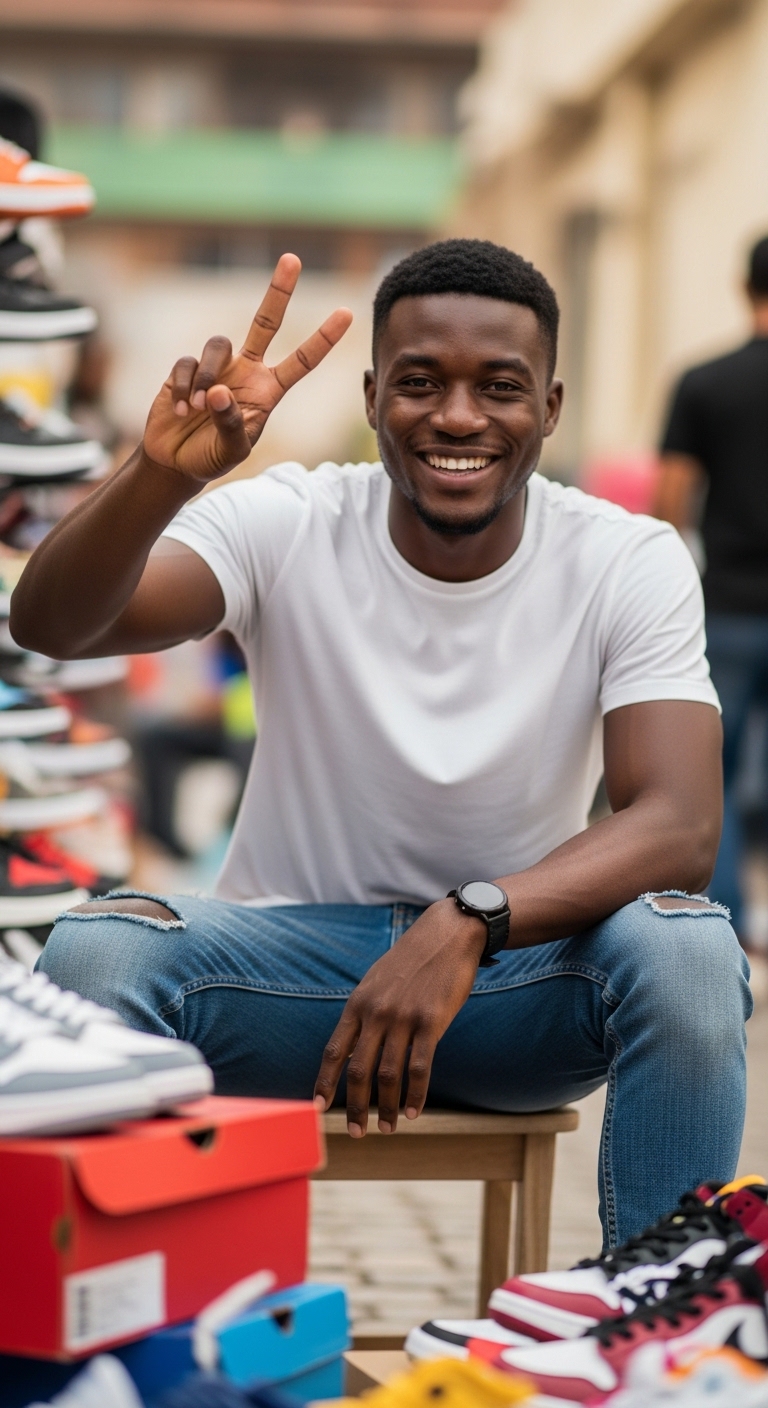 A young black man selling shoes showing 2 fingers and smiling #3