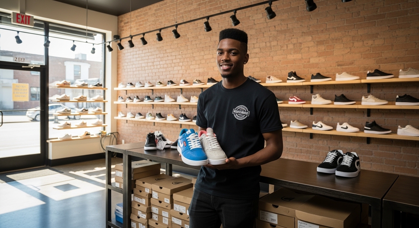 A young black man in his shop selling shoes #4