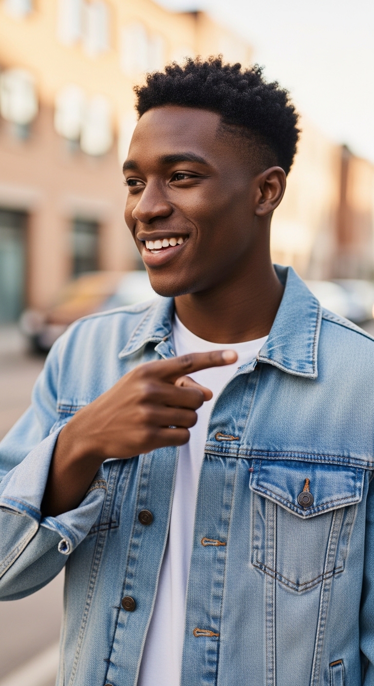 A young black man pointing to the right and smiling #2