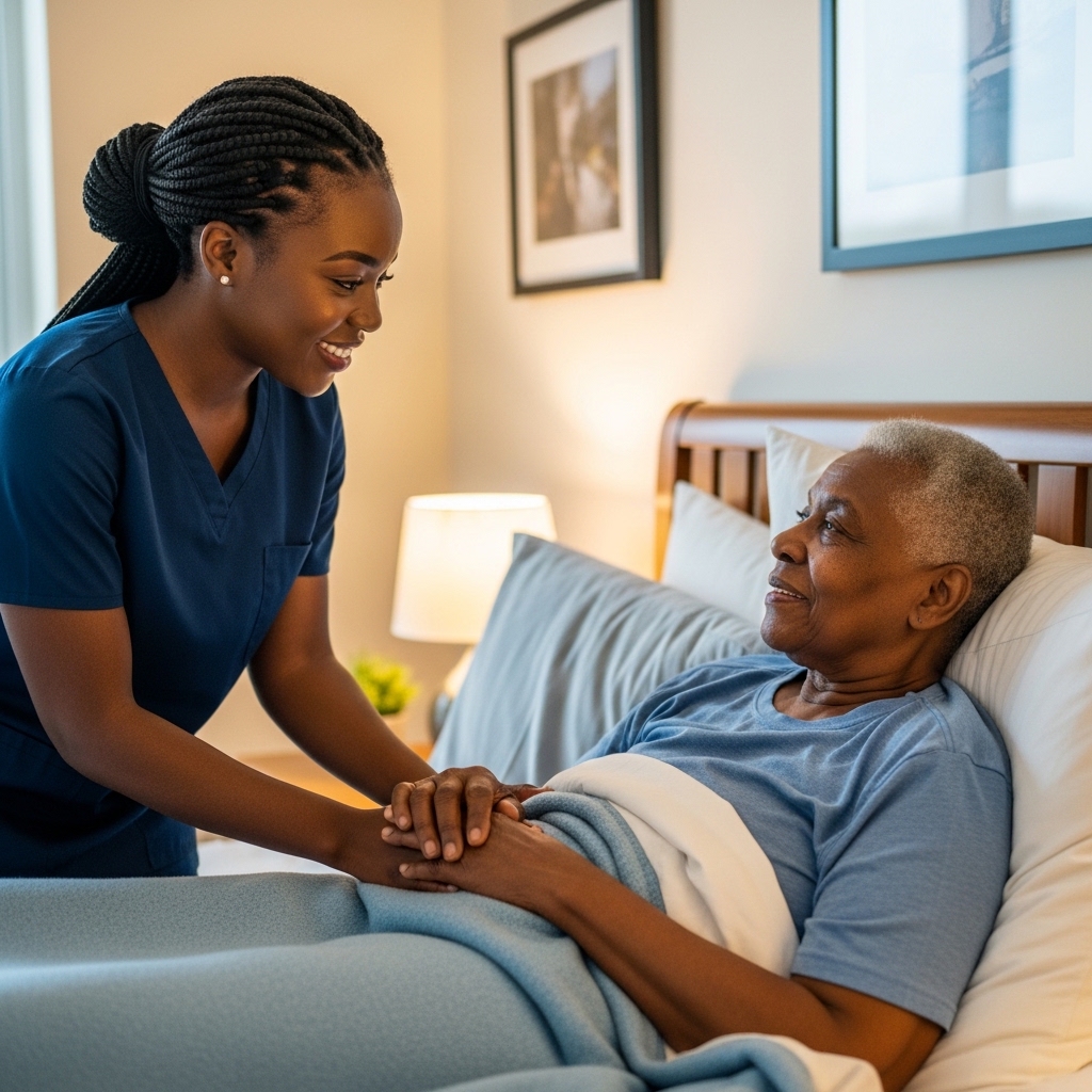 Black female Healthcare professional with nice hair standing by an elderly black patient in their home bed #2