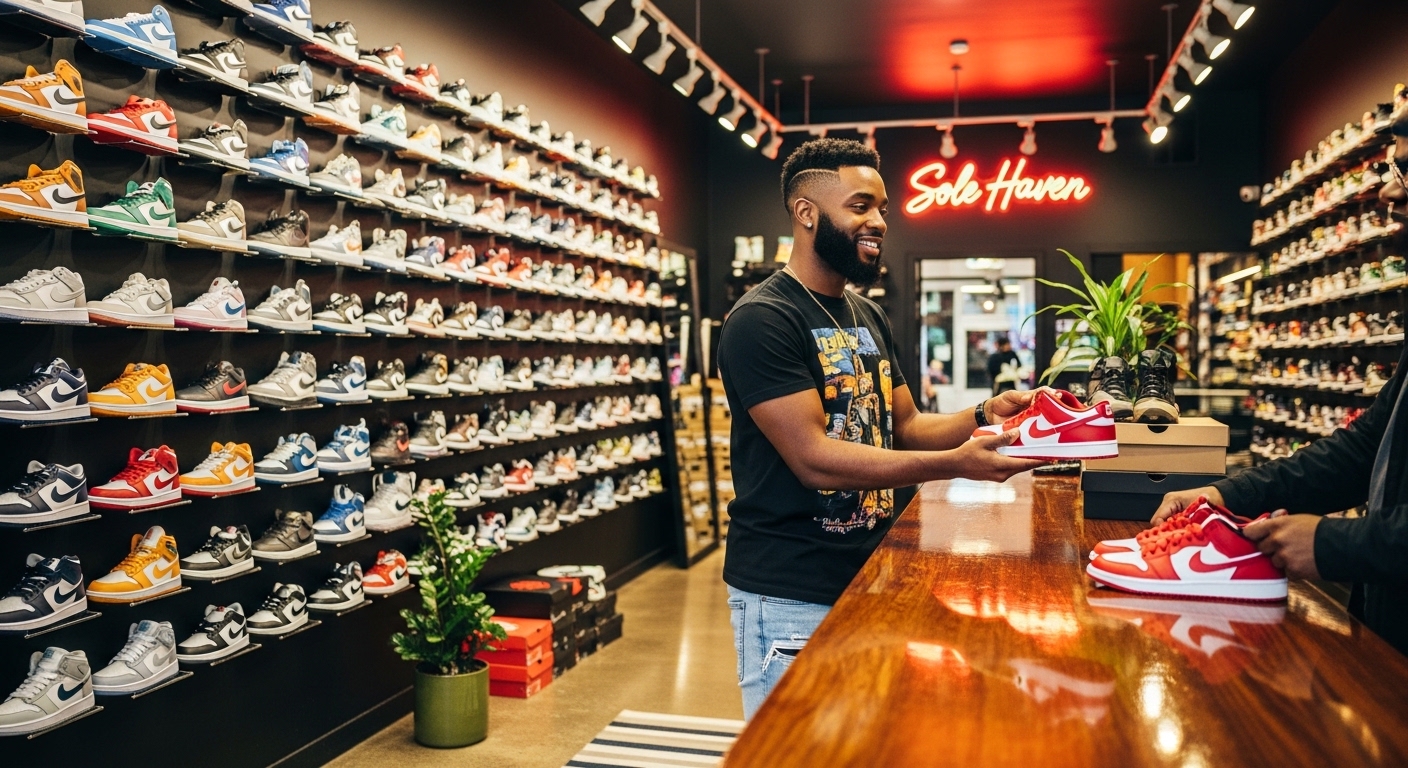 A young black man in his shop selling shoes #3