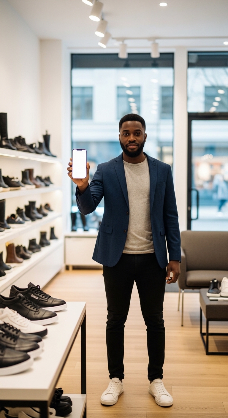 A black man standing in her shoe shop holding a phone mockup #3