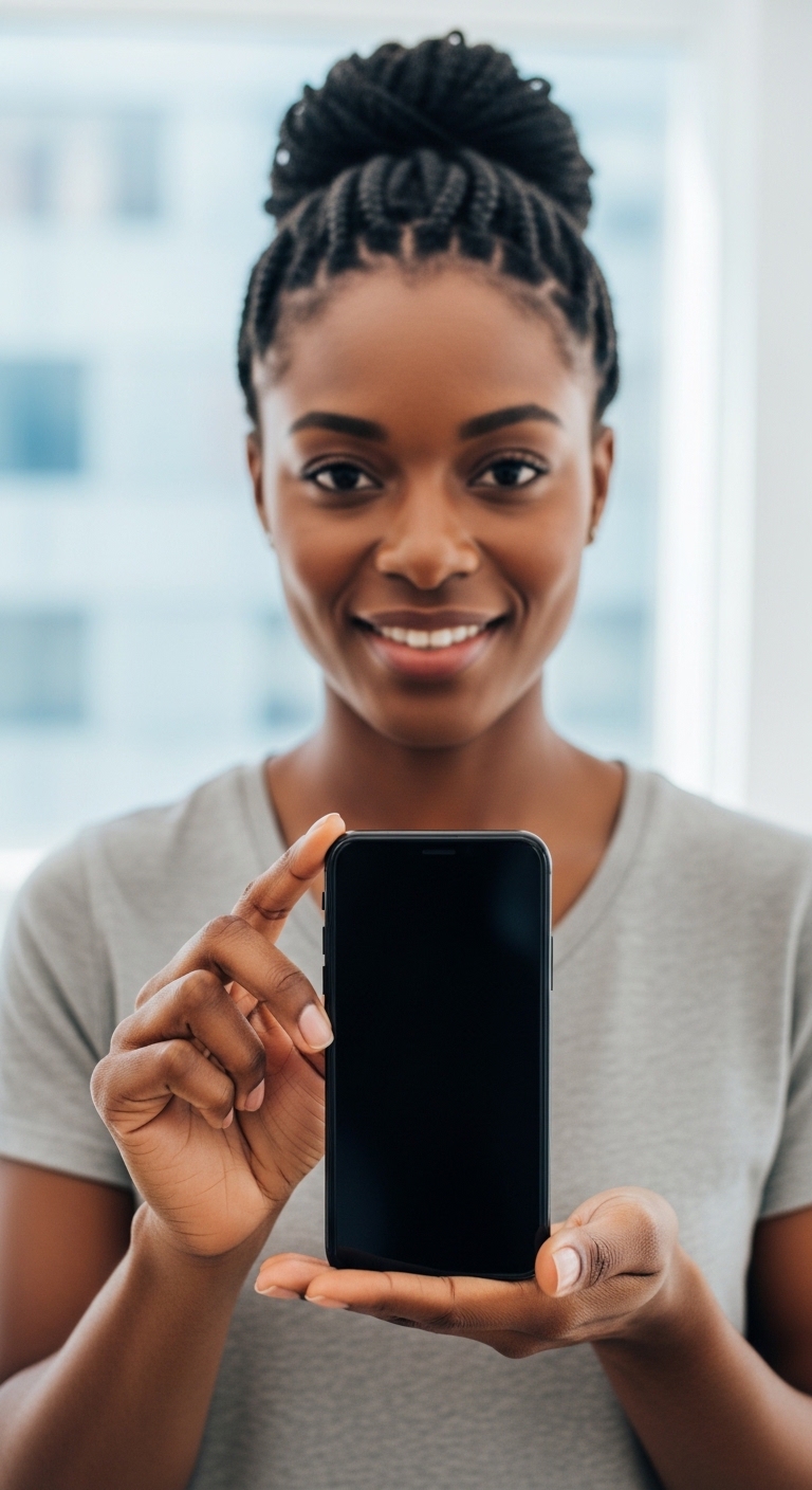 A black woman holding a phone mockup #3