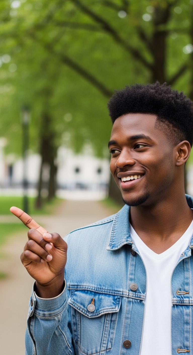 A young black man pointing to the left and smiling #1