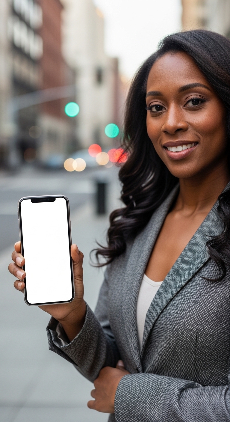 A black woman holding a phone mockup #1