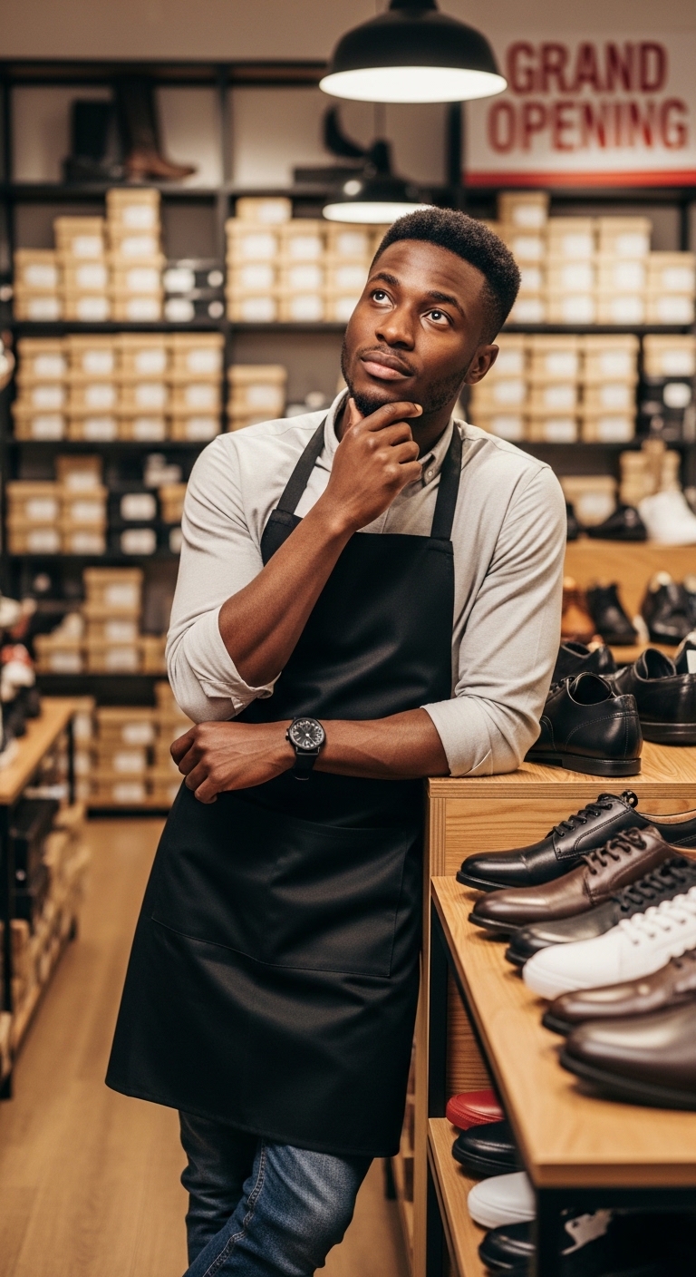 A black young man standing in his shoe shop and thinking #2