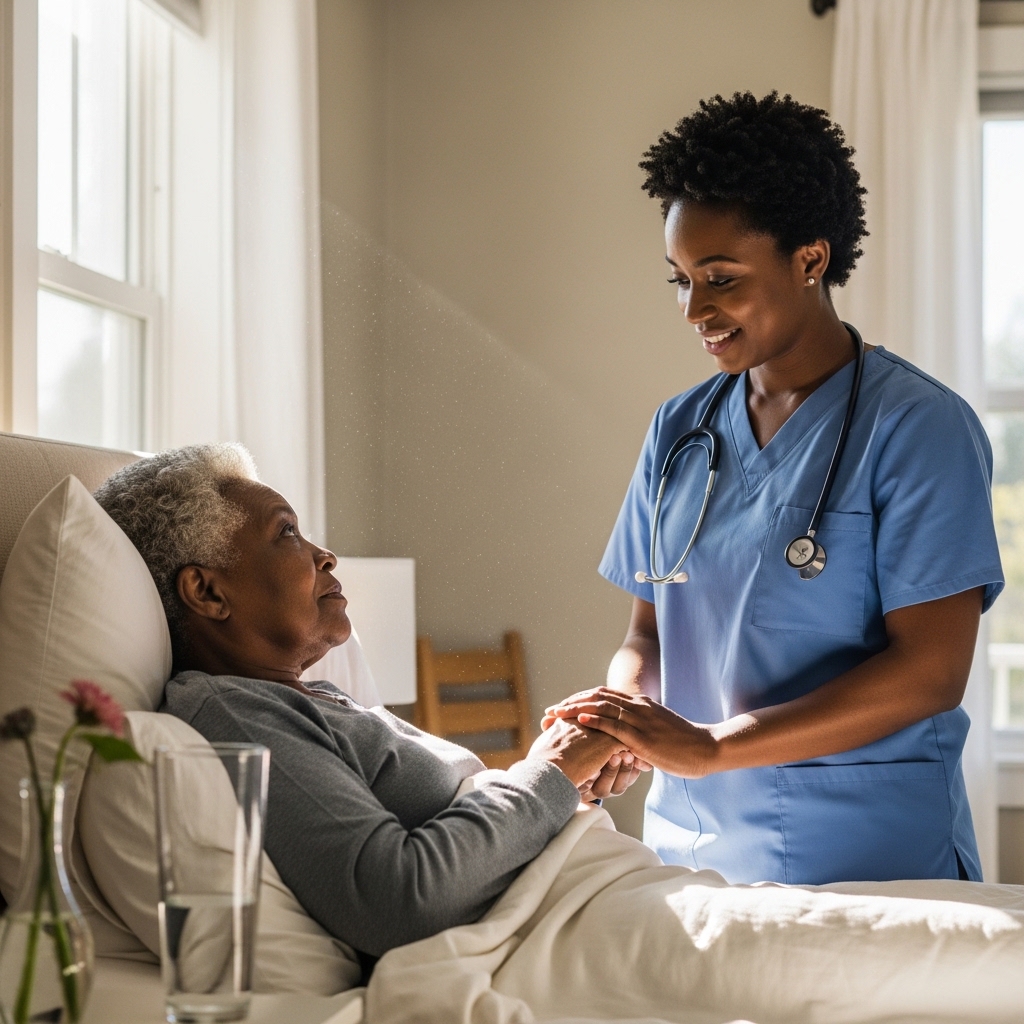 Black female Healthcare professional with short hair standing by an elderly black patient in their home bed #2