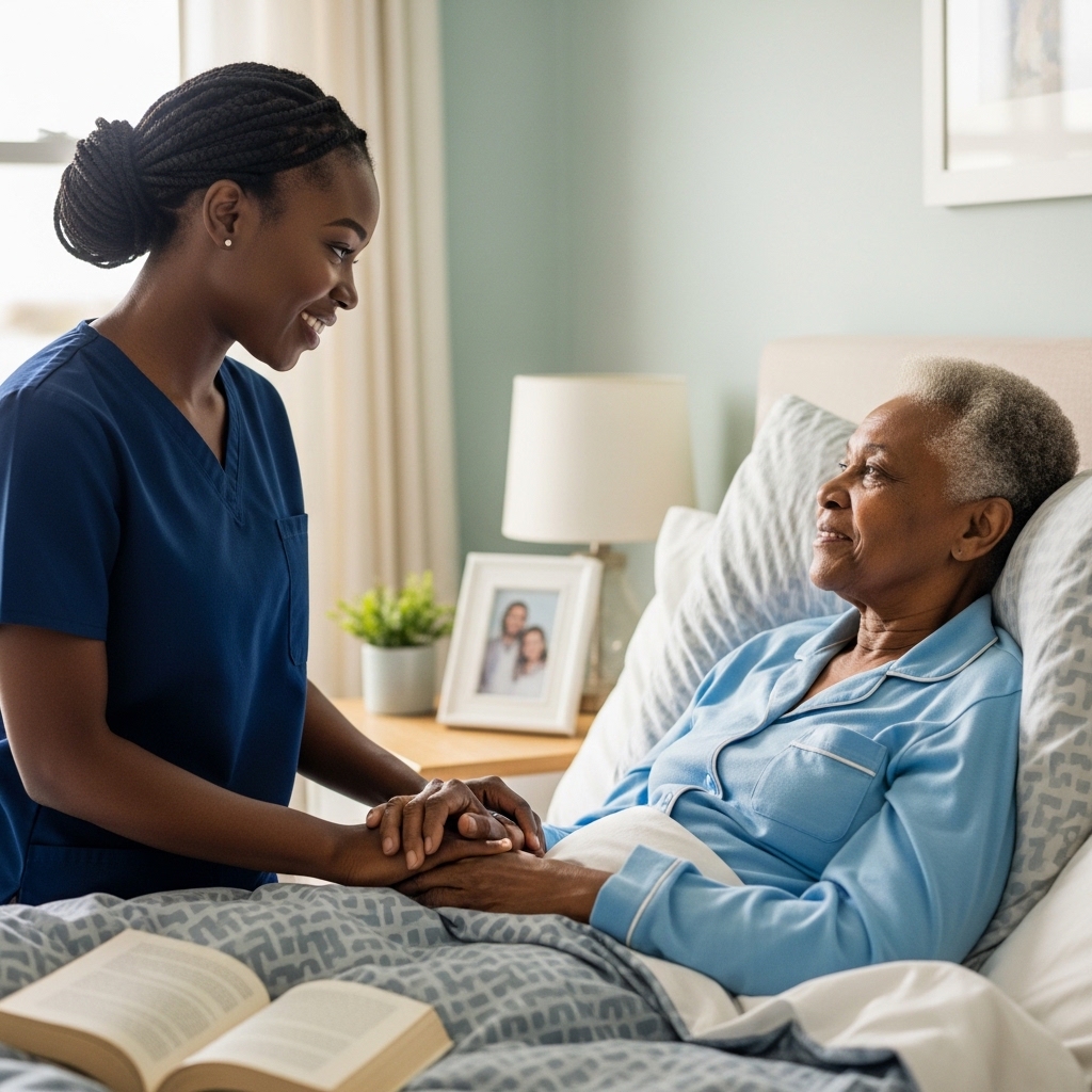 Black female Healthcare professional with nice hair standing by an elderly black patient in their home bed #3