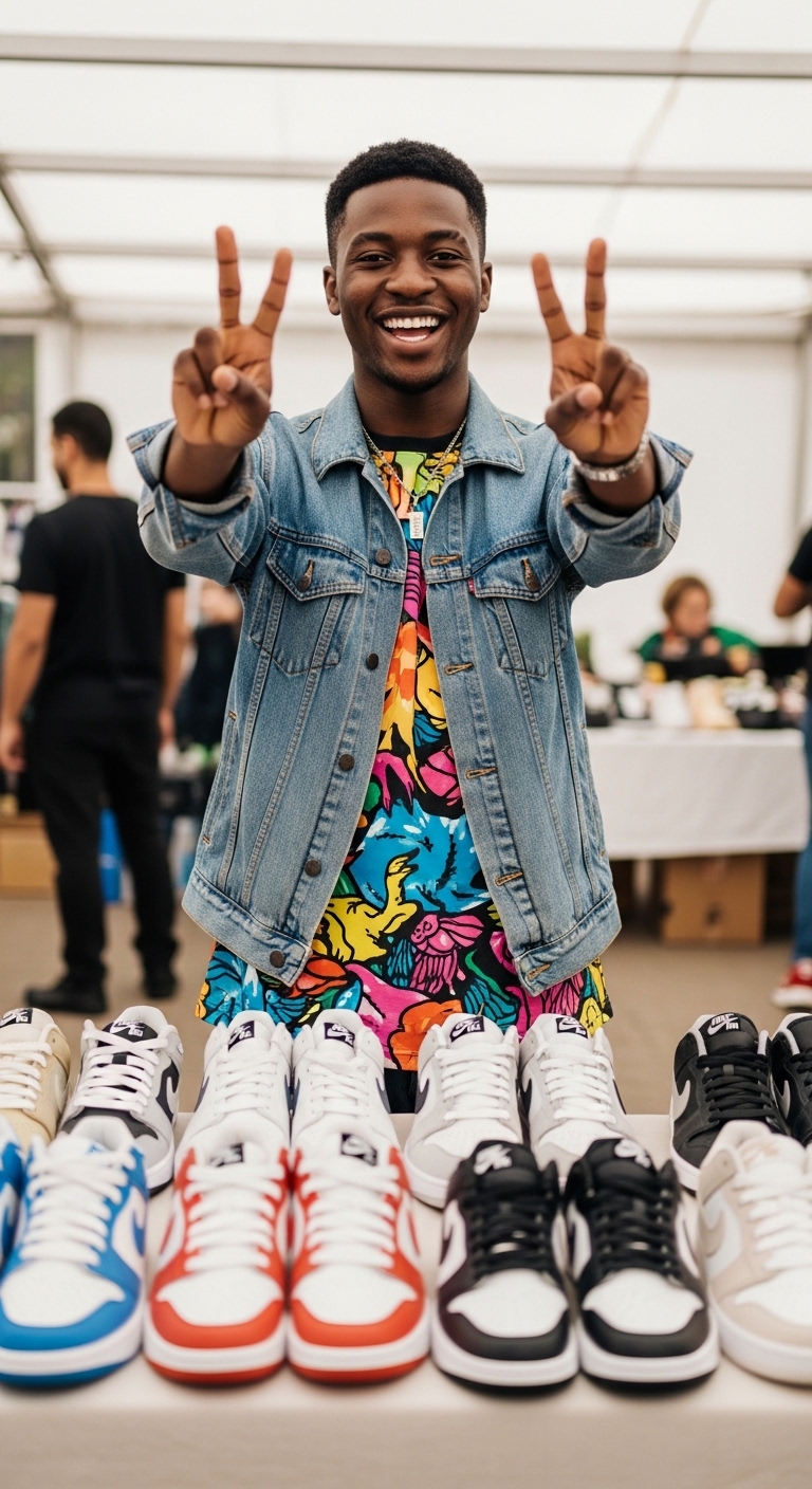 A young black man selling shoes showing 2 fingers and smiling #2