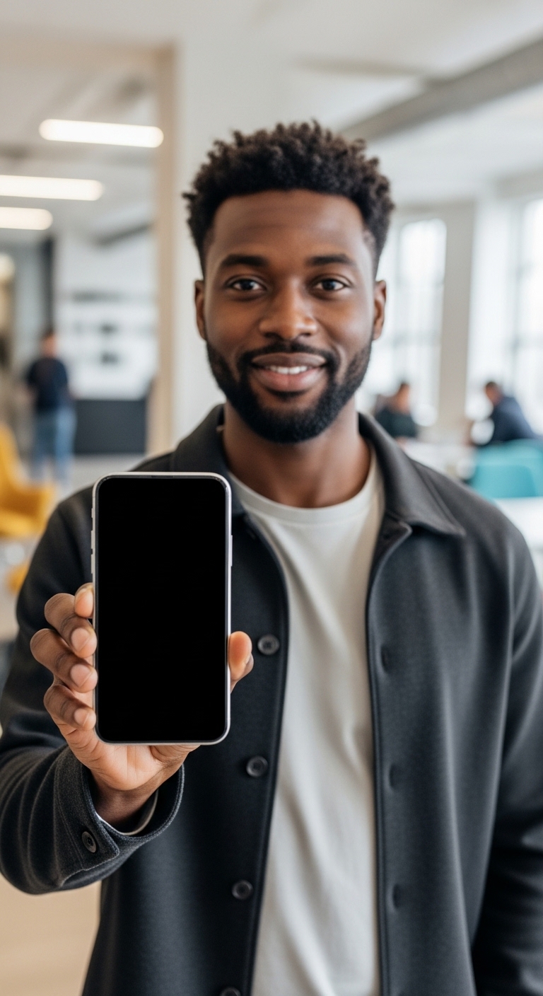 A black man holding a phone mockup #1