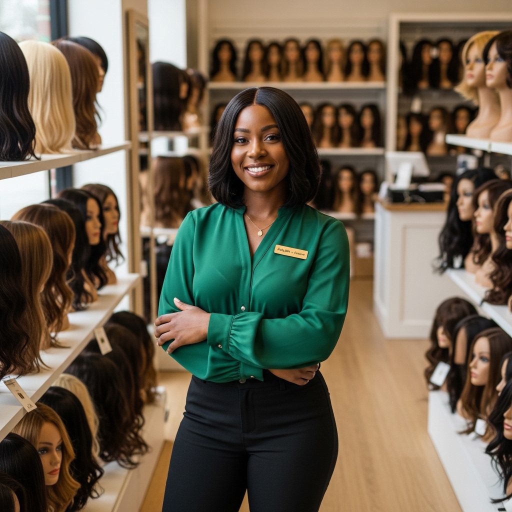 A black lady standing in her wig shop #4