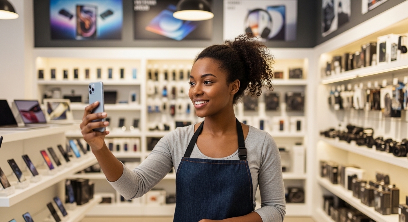 A pretty black lady in her electronics shop looking on her phone #3