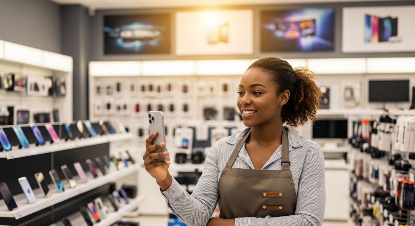A pretty black lady in her electronics shop looking on her phone #4