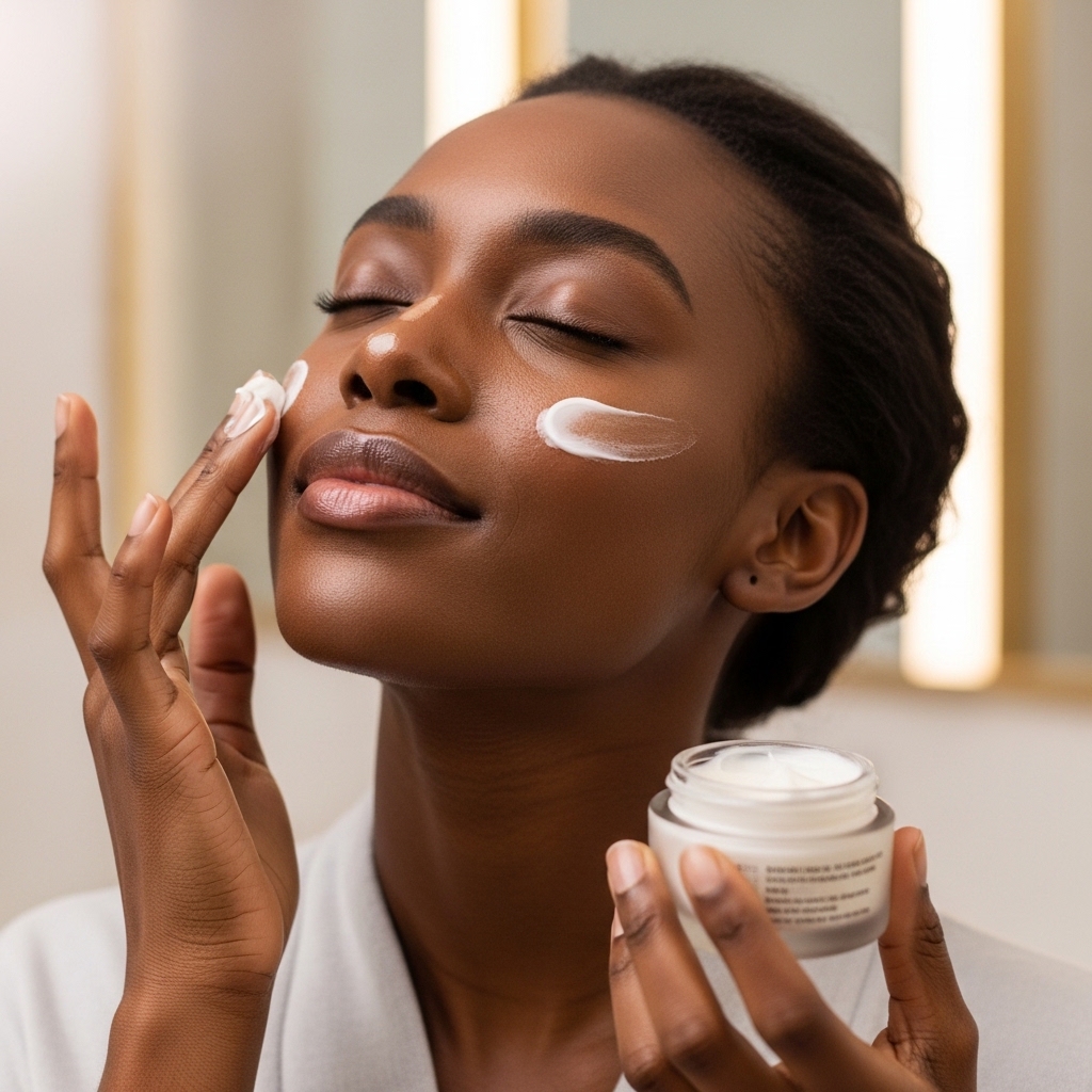 A black woman using a cream on her face #1