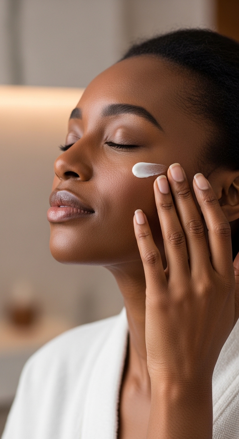 A black woman with her eyes closed using a cream on her face #2