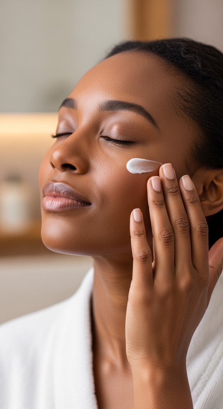 A black woman with her eyes closed using a cream on her face #4