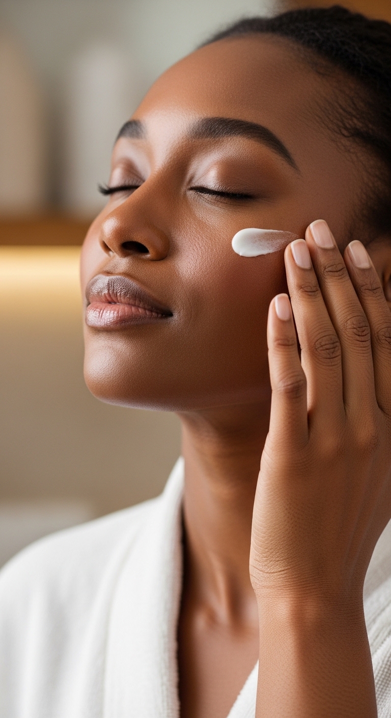 A black woman with her eyes closed using a cream on her face #1