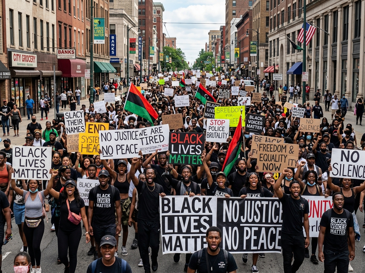 Large crowd of black protesters holding placards and chanting slogans in a busy city street, captured in daylight
