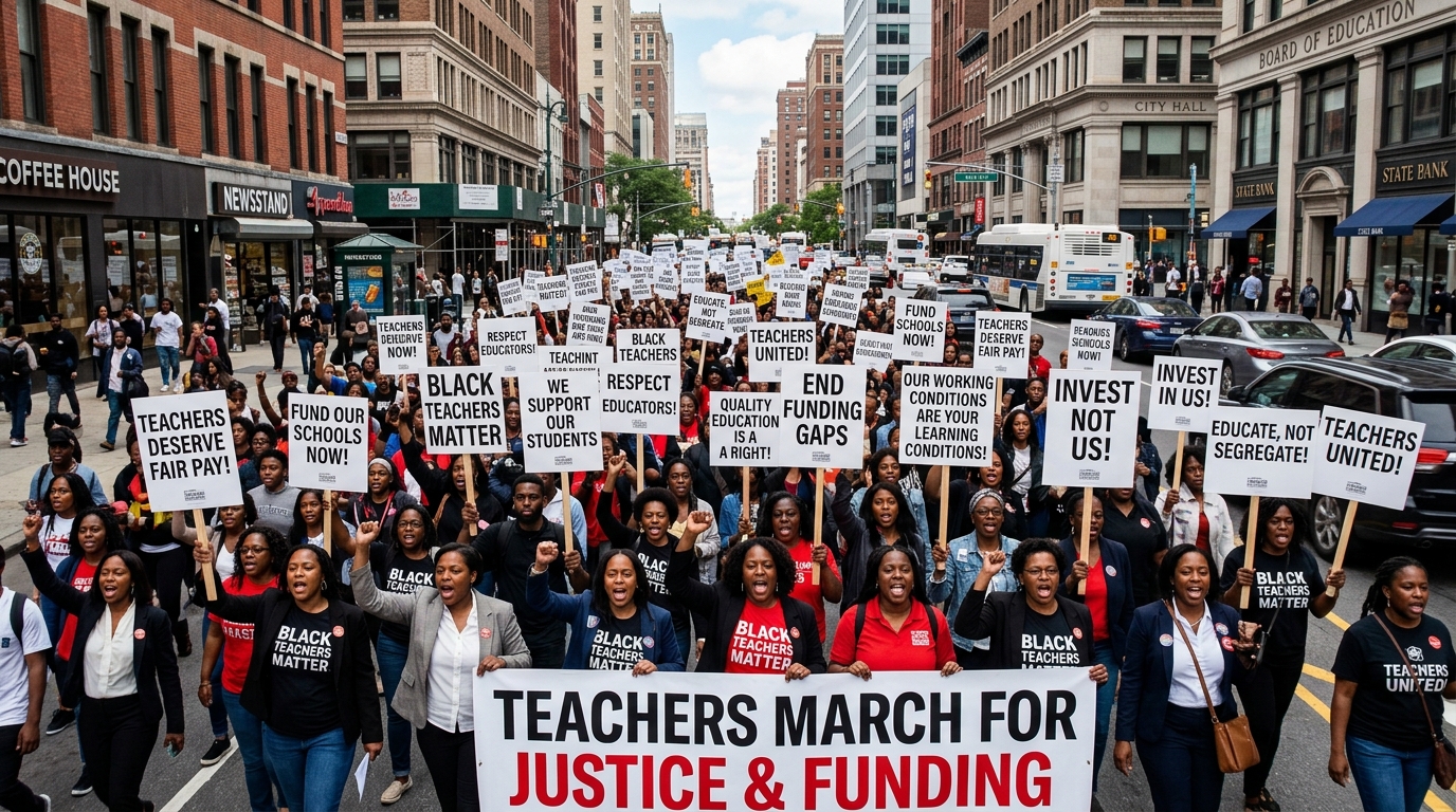 Large crowd of black teachers protesting and holding placards and chanting slogans in a busy city street, captured in daylight