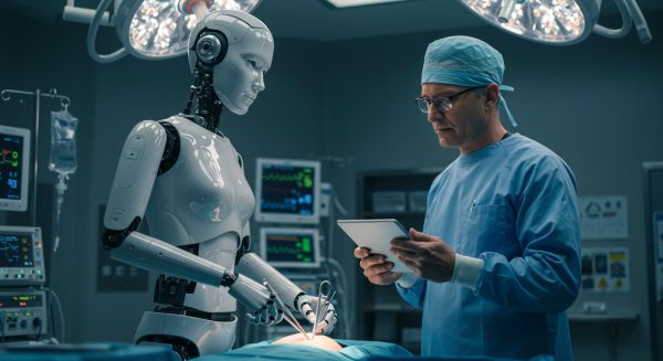 A humanoid robot assisting a doctor during surgery