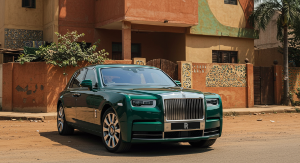 A new green Rolls Royce car parked in front a house in Africa #4