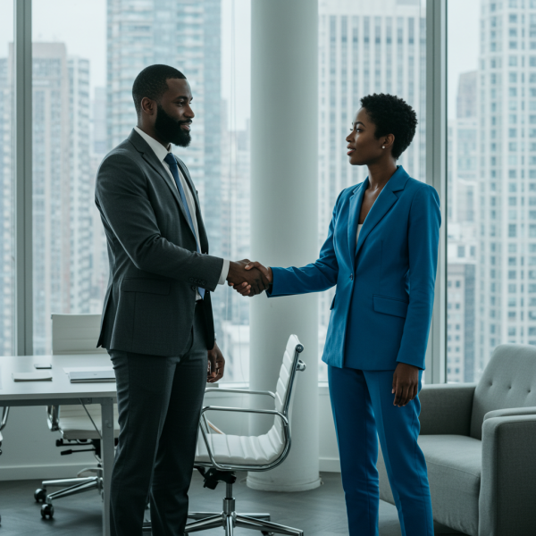 Black Businessman shaking hands with black female colleague in office