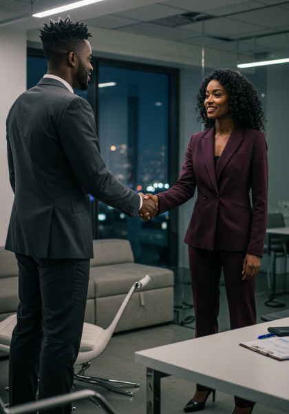 Black Businessman shaking hands with black female colleague in office