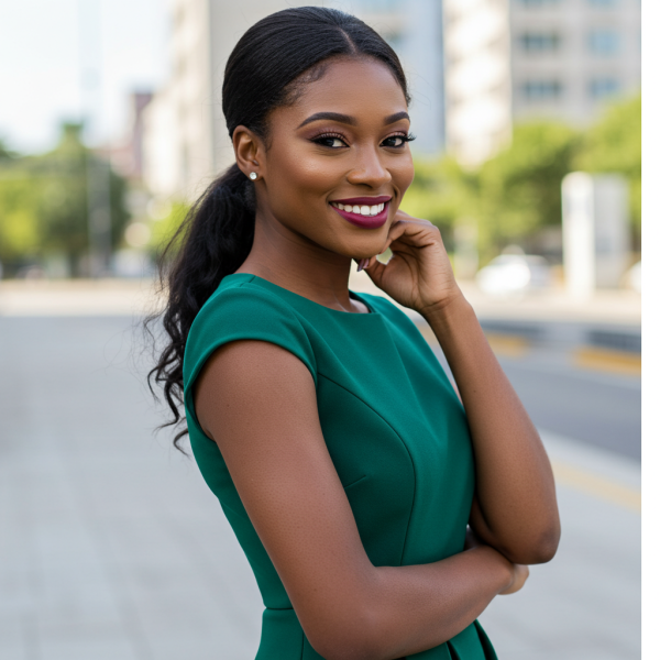 A pretty black woman in a green dress smiling #3