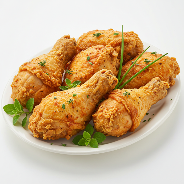 Golden brown crispy fried pieces of chicken with herbs
