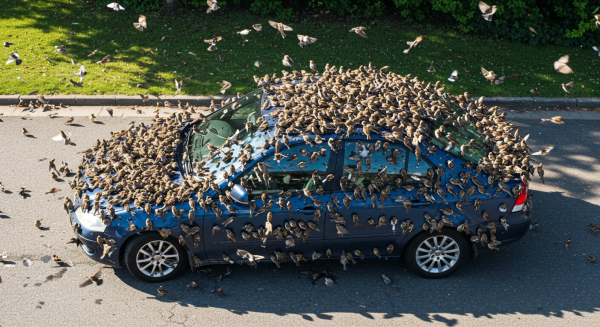 Top-down view of lots of birds on a blue car