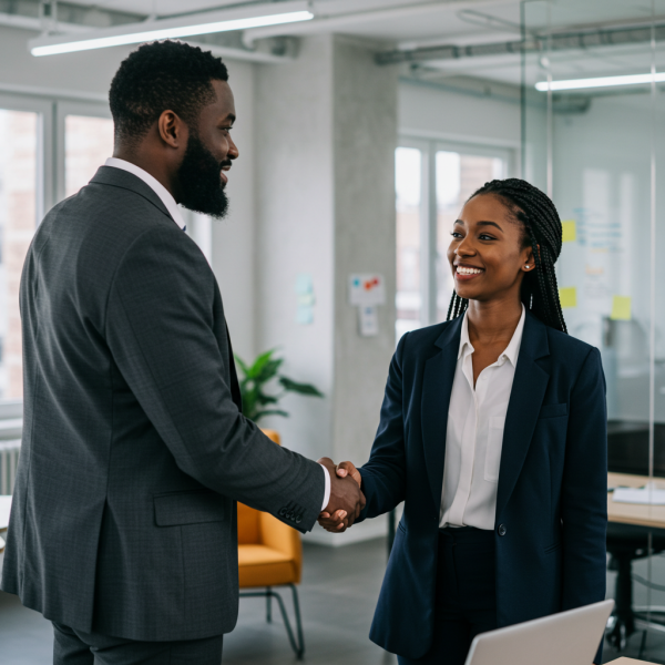 Black Businessman shaking hands with black female colleague in office