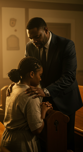 A Black Pastor praying for a young woman on her knees #4