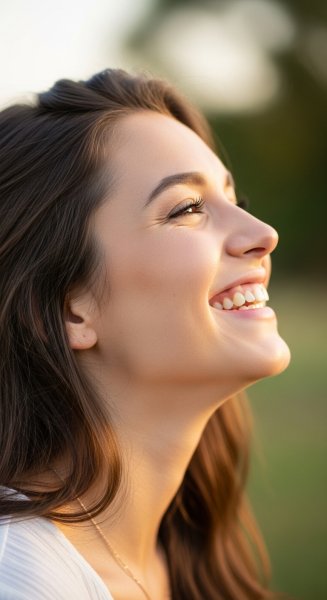 Radiant smile in a moment of pure bliss; side view