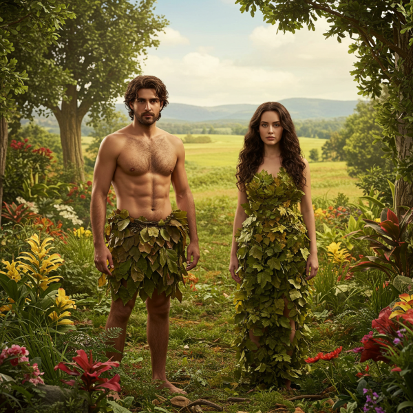 A realistic photo of Adam and Eve in the Garden of Eden, dressed in leaves as told in the Bible