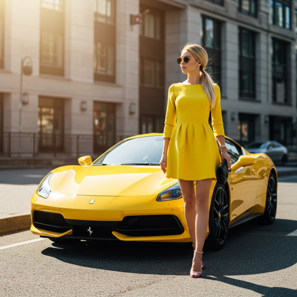 A fashion lady in yellow standing by her yellow car