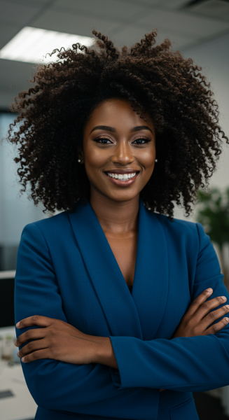 A pretty black woman with beautiful hair, wearing a blue attire with her arms folded #3