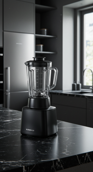 A new black blender in a kitchen