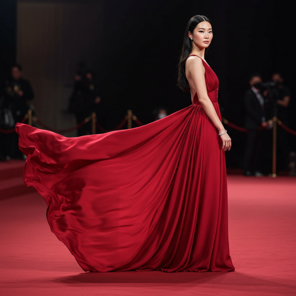 A fashion lady in red standing on a red carpet