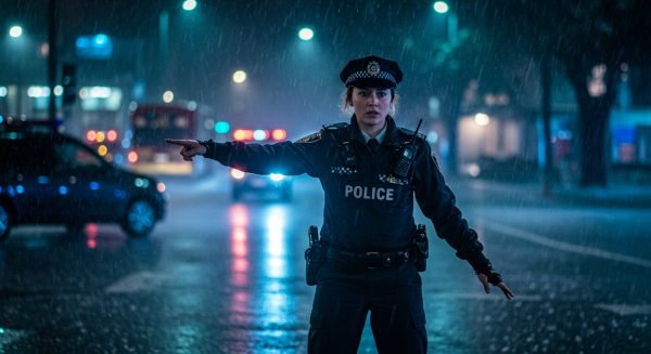 Policewoman directing traffic during a heavy rainstorm #8