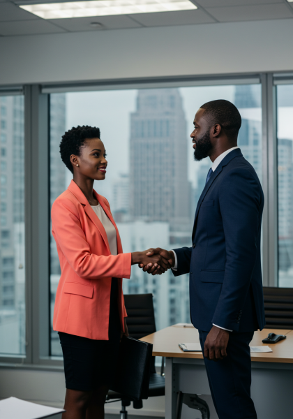 Black Businessman shaking hands with black female colleague in office