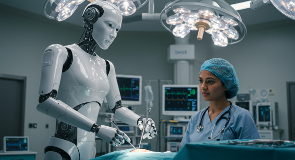A humanoid robot assisting a doctor during surgery
