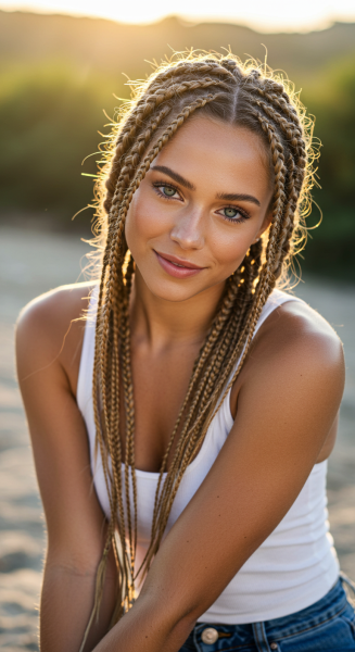 A pretty woman with beautiful braids on her hair in focus