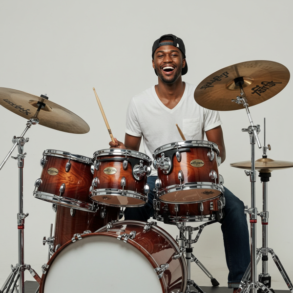 A young black man playing drums and smiling with a cap #4