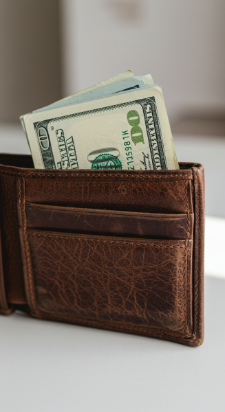 A photo of money in a brown wallet on a desk