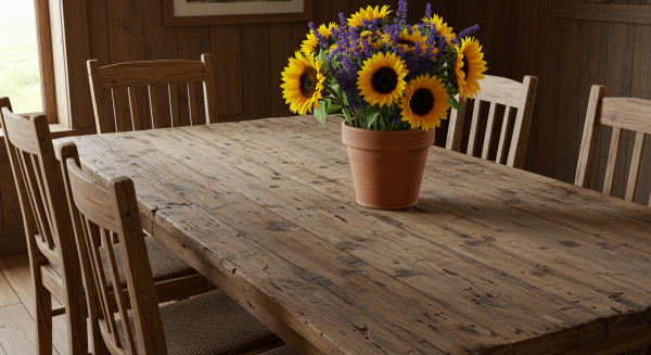 Rustic wooden dining table set with fresh flowers #1